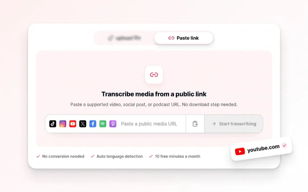 URL bar for converting a public video link to text, with TikTok, Instagram, YouTube, X, Facebook, Spotify and Apple Podcasts icons and a verified youtube.com chip