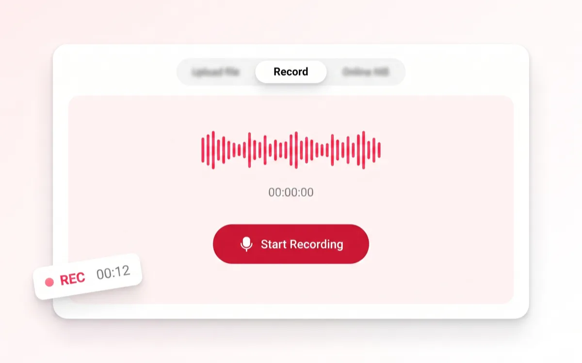 Browser recorder with a pink waveform, a 00:00:00 timer and a Start Recording button, capturing speech to text live from the microphone