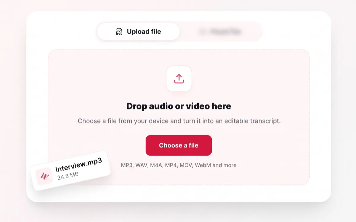 Dashed drop zone for converting a video file to text, with a floating interview.mp3 chip and the supported MP3, WAV, M4A, MP4, MOV and WebM formats listed