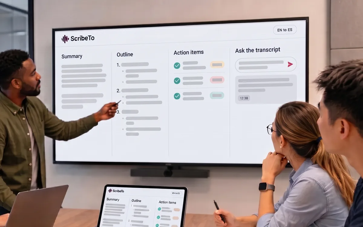 ScribeTo AI panel showing a summary, an outline, action items and a question answered from the transcript