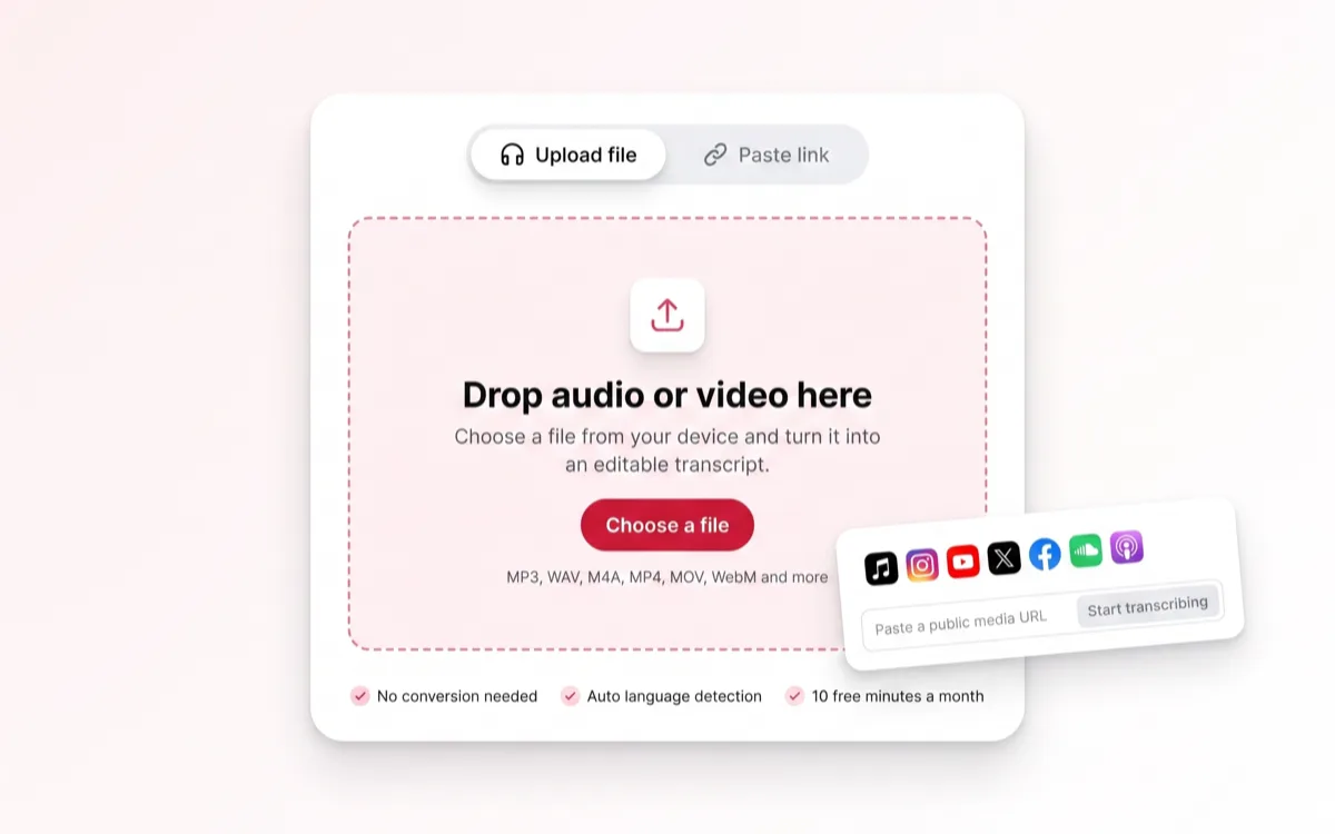 ScribeTo upload card for converting video to text, with a drag-and-drop zone and a paste-a-link panel showing YouTube, TikTok and Spotify icons