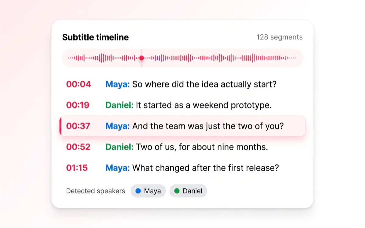 Video to text result panel showing timestamped transcript segments with colour-coded speaker names and one line highlighted as it plays
