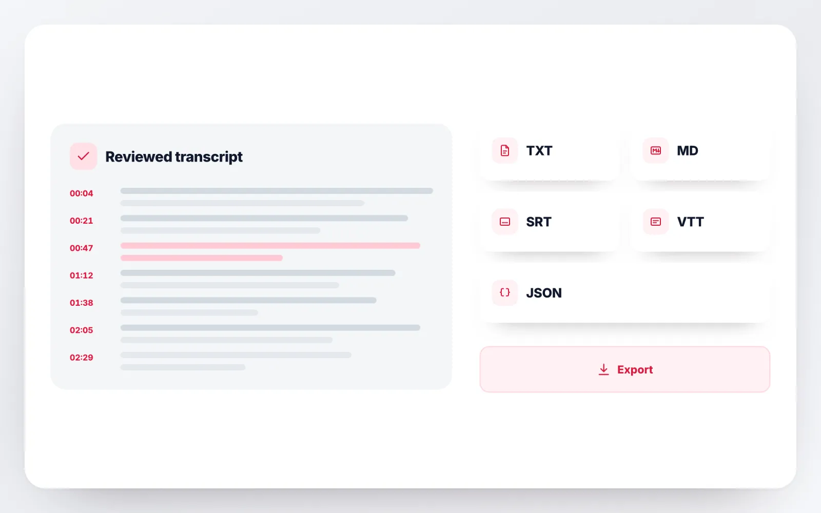 Reviewed audio transcript beside TXT, Markdown, SRT, VTT and JSON export options