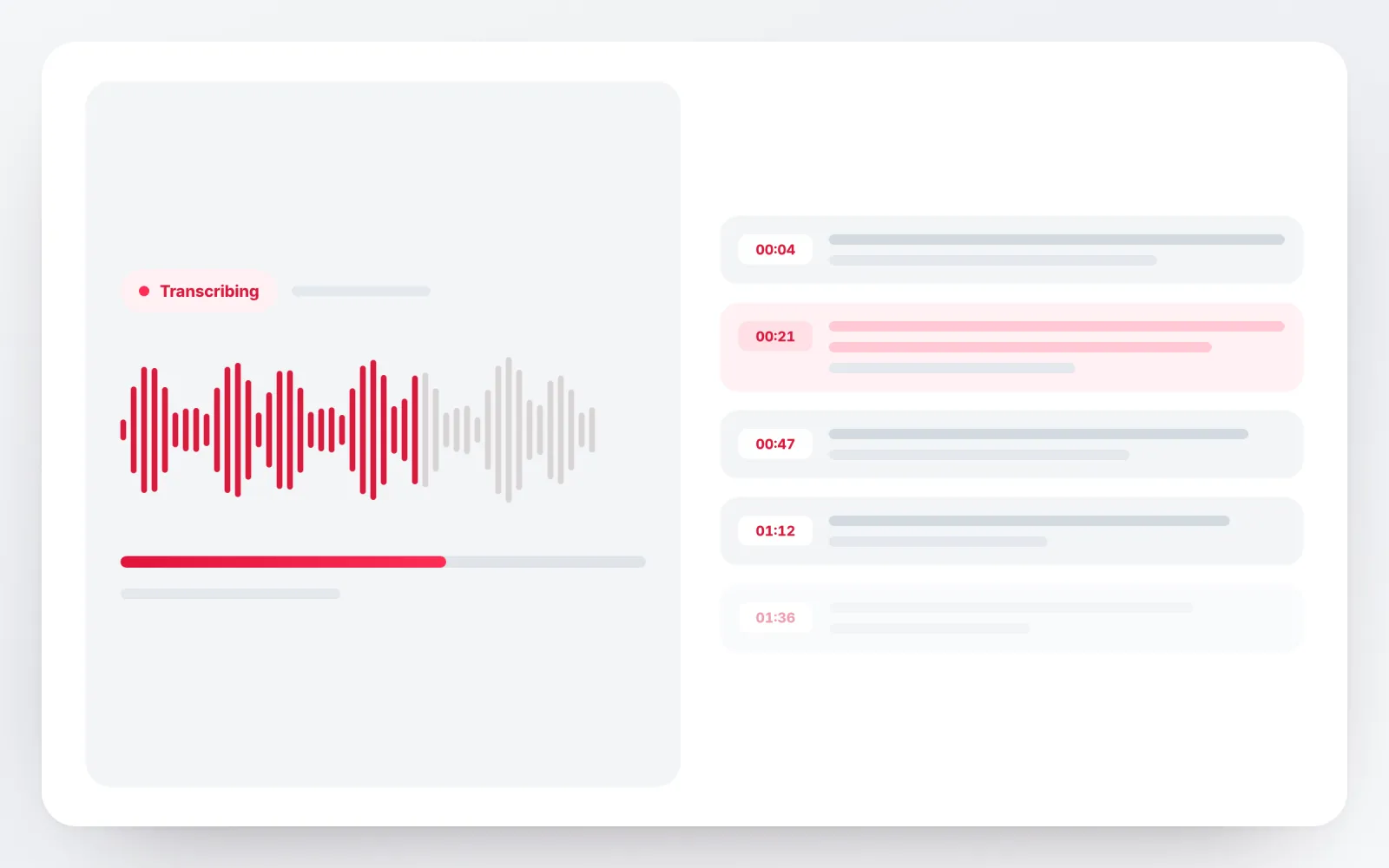 Audio waveform with a transcription progress bar beside timestamped transcript rows appearing one by one