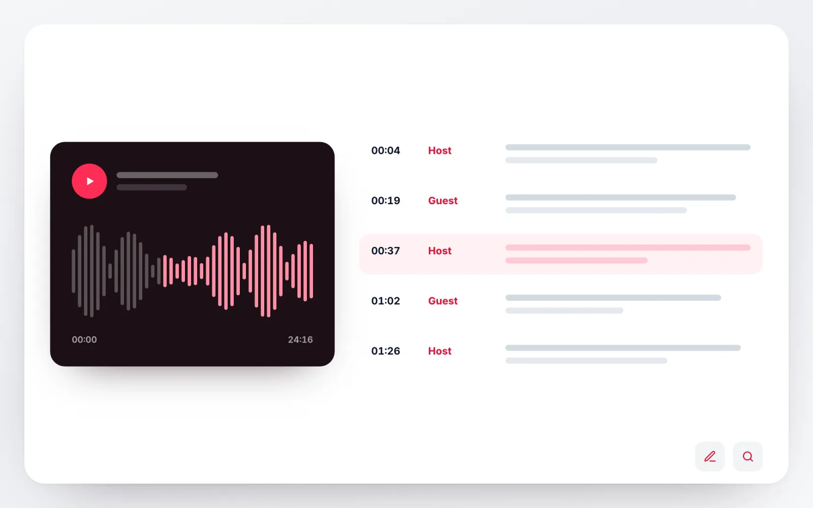 Audio player with a waveform beside timestamped speaker rows, one row highlighted for review