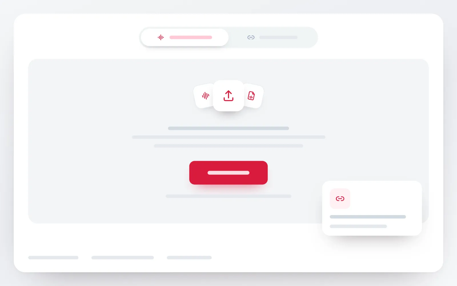 Audio upload panel with waveform, upload and audio-file icons beside a smaller public-link panel
