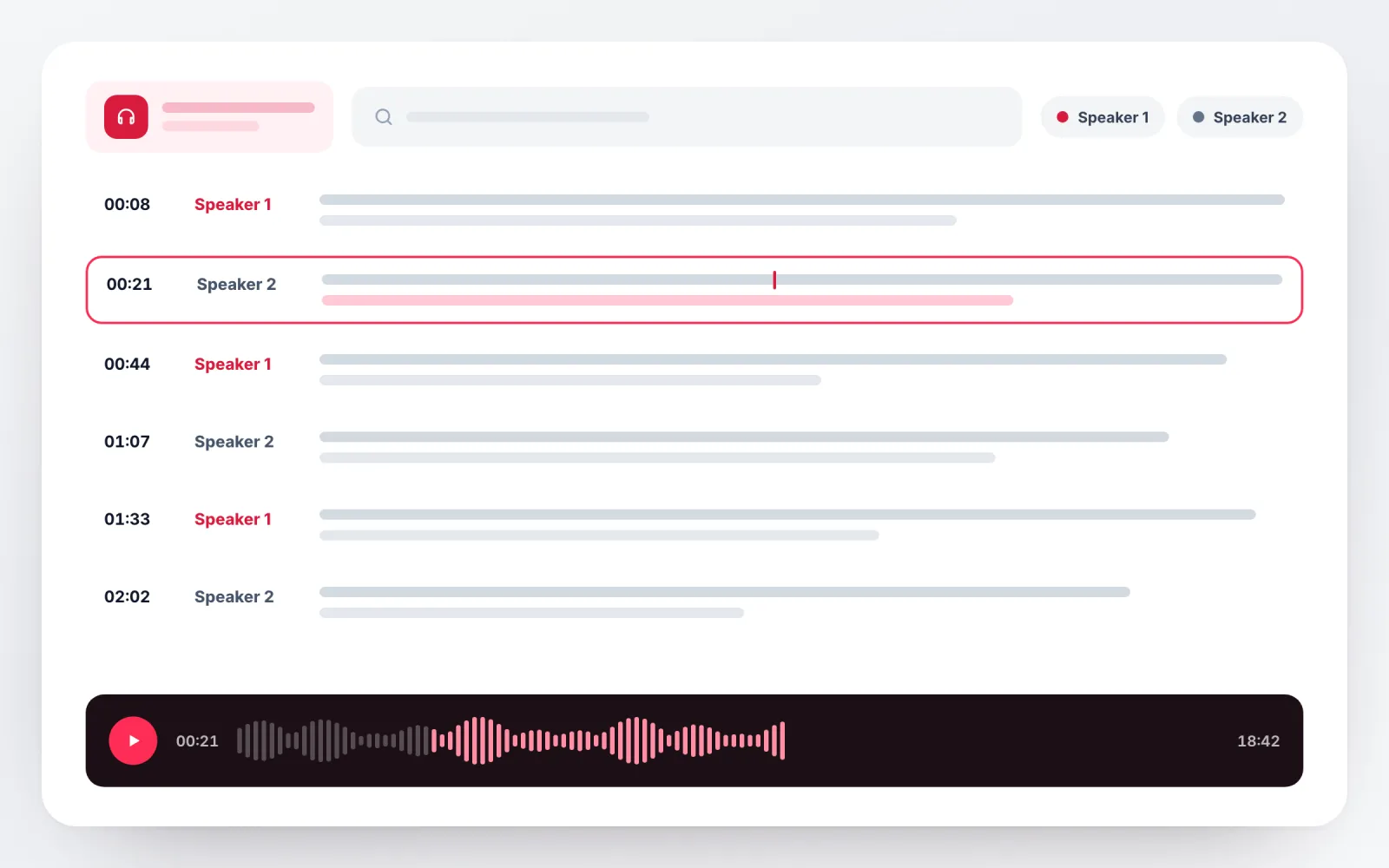 Audio transcript workspace with search, speaker labels, timestamped rows and a waveform player