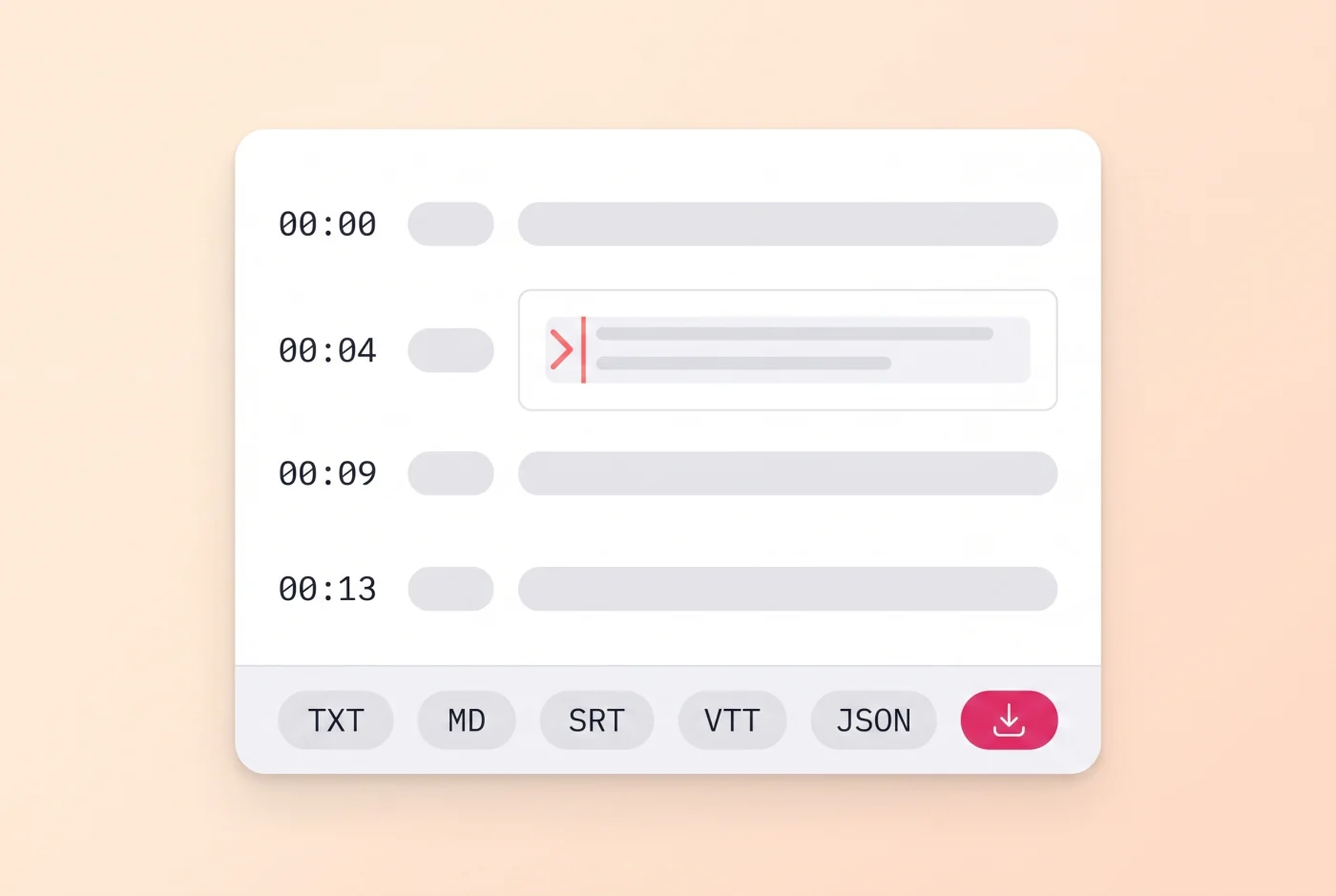 A reviewed Instagram transcript with TXT, SRT, VTT and JSON export choices