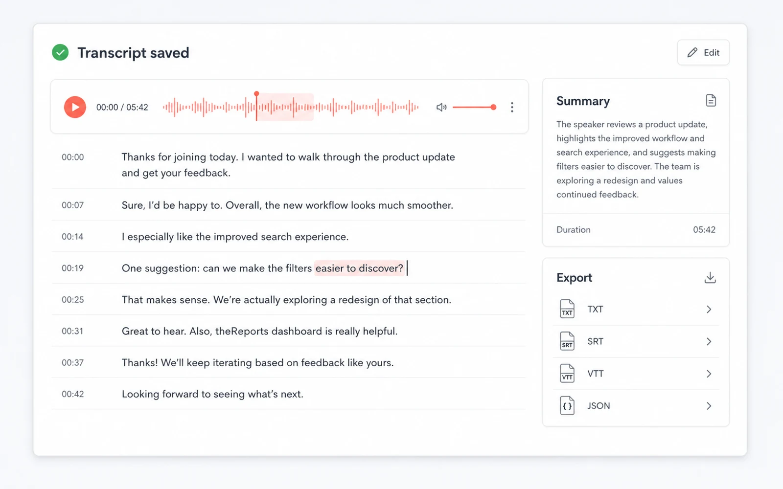 Saved recording with editable transcript summary and export options