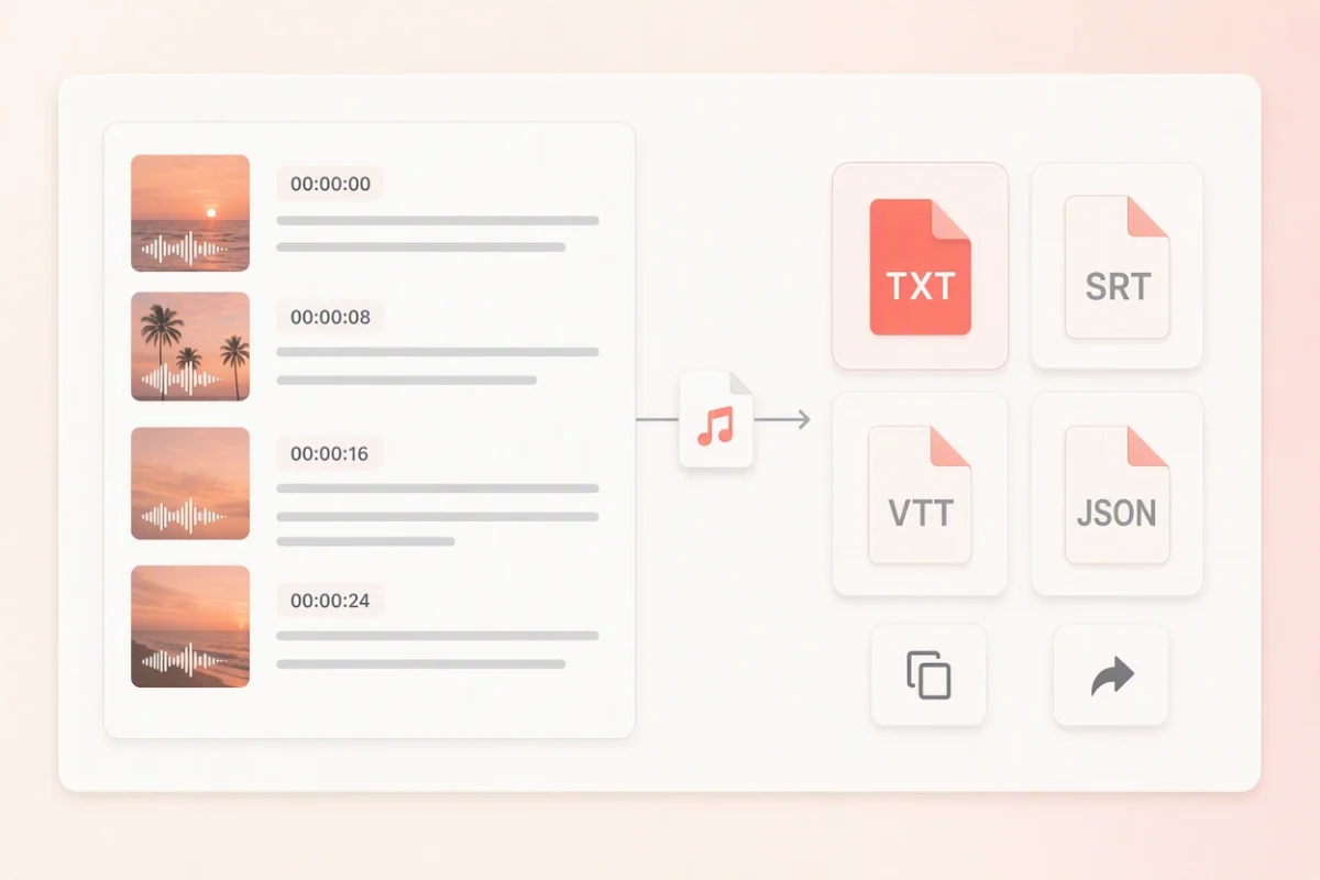 An MP3 transcript routed to TXT, Markdown, SRT and VTT files