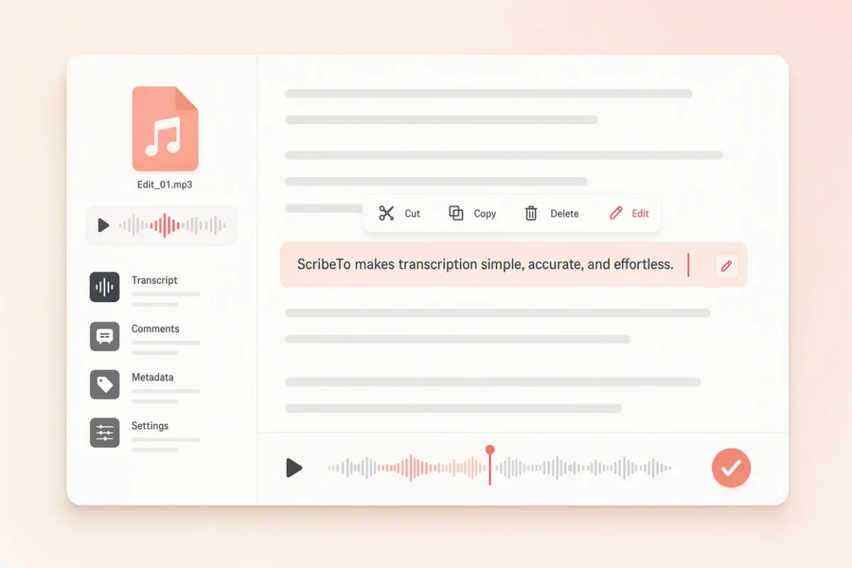 An editable MP3 transcript with one corrected phrase