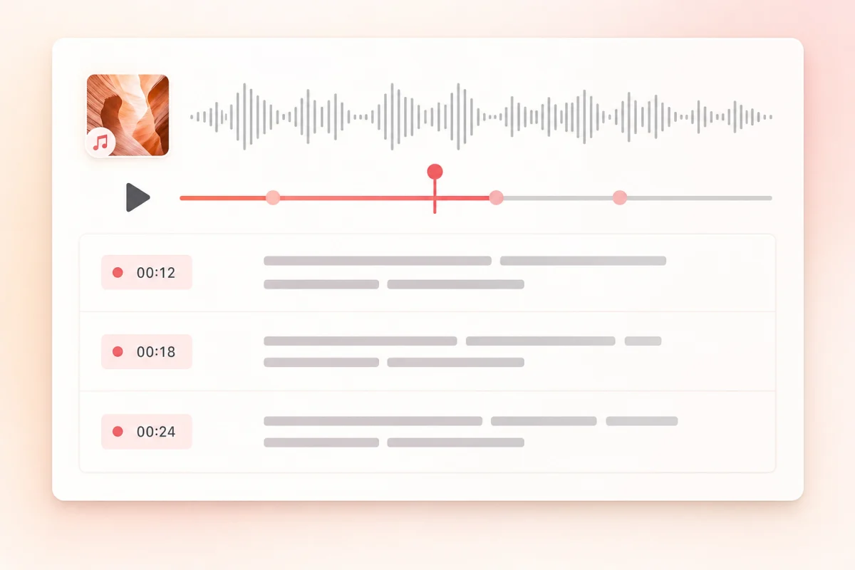 Timestamp chips connecting MP3 audio to transcript lines