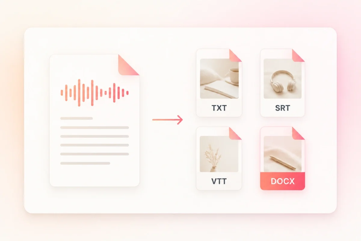 A reviewed MP3 transcript beside TXT, Markdown, SRT and VTT export choices