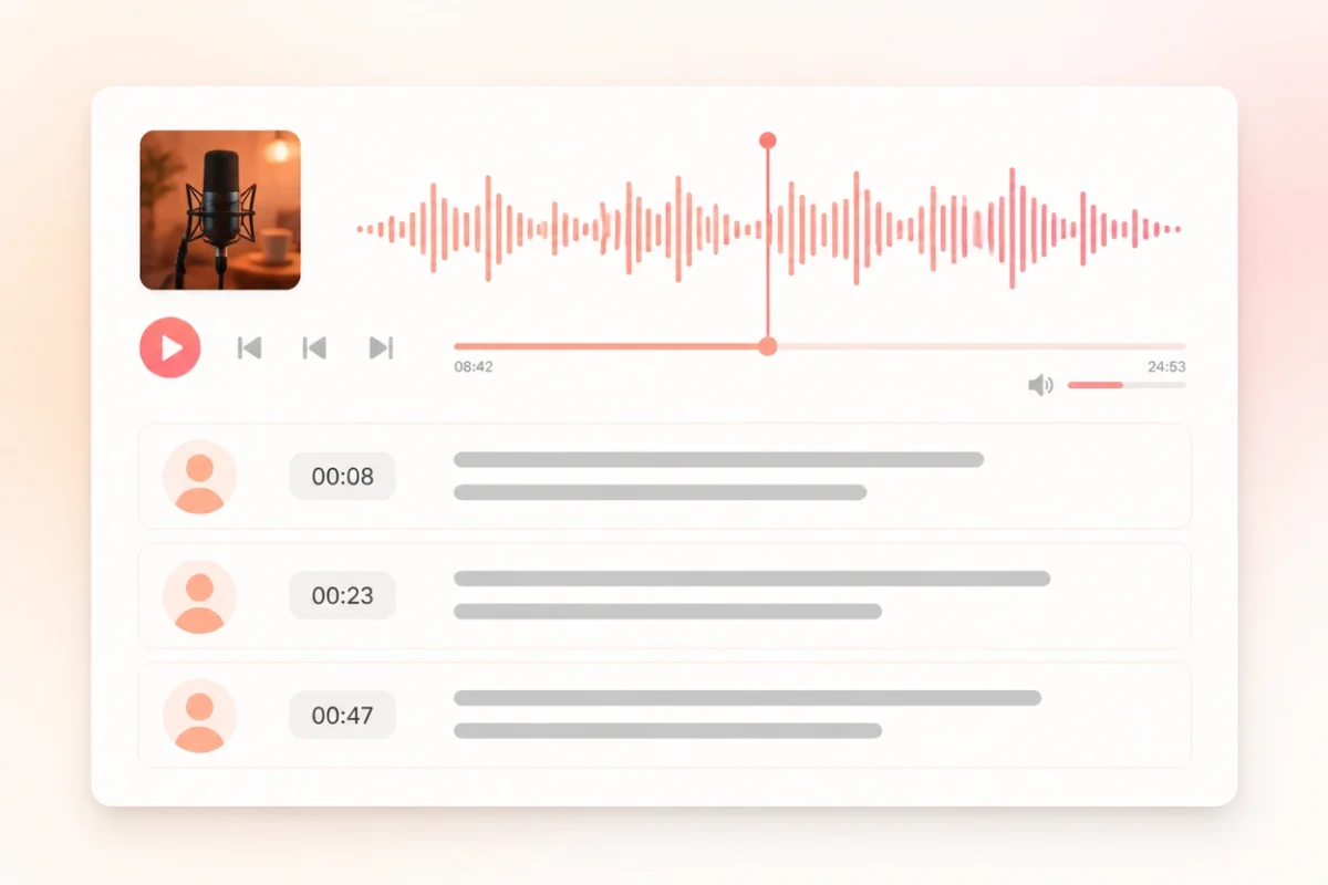 An MP3 waveform becoming timestamped transcript rows