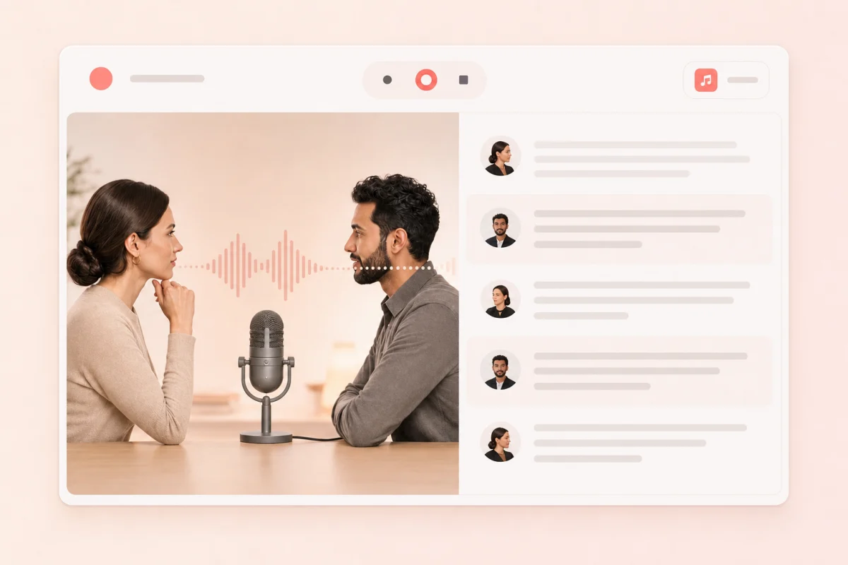 An interview MP3 beside a two-speaker transcript and highlighted quote