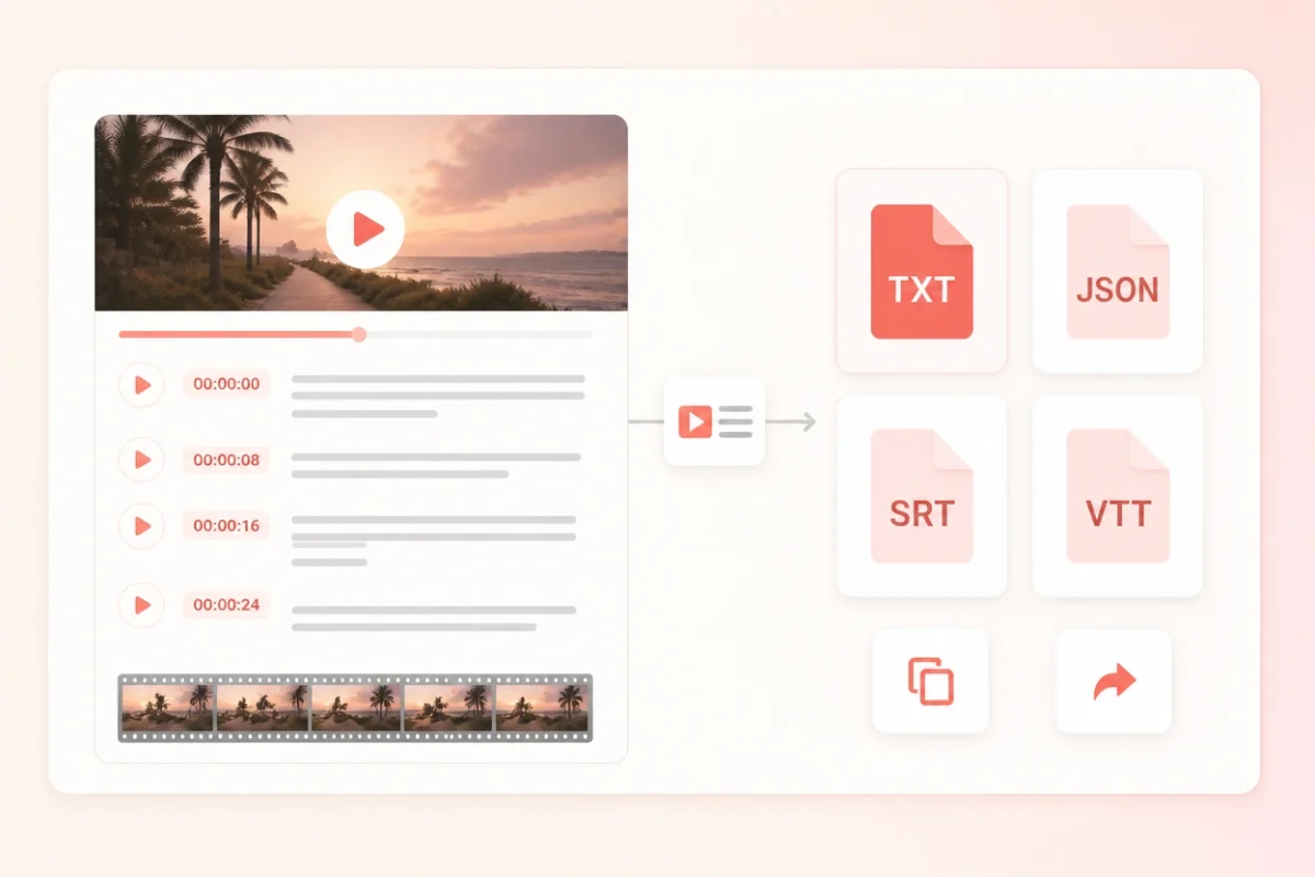 Timestamped MP4 transcript routed to TXT, JSON, SRT and VTT export formats