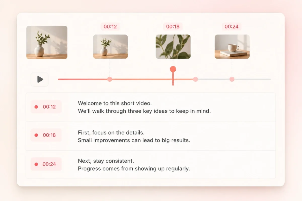 MP4 timeline with transcript segments linked to video frames