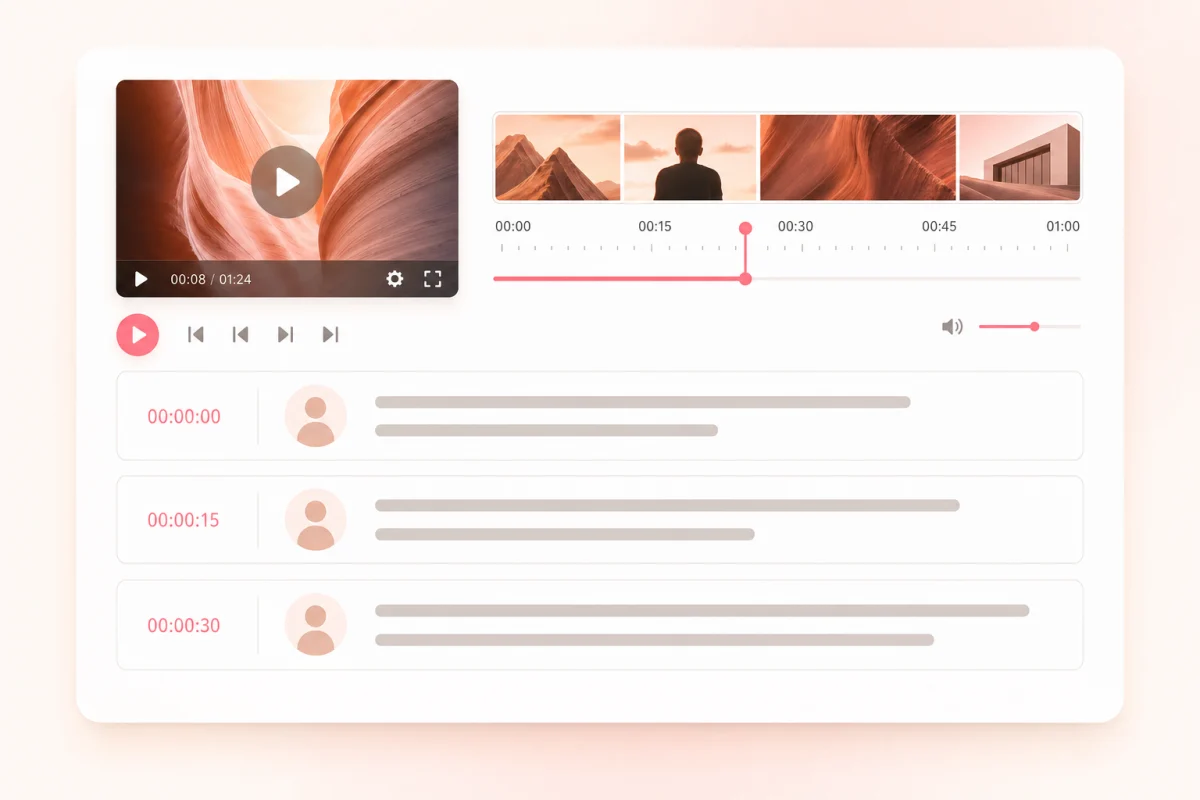 MP4 video preview beside a timestamped editable transcript