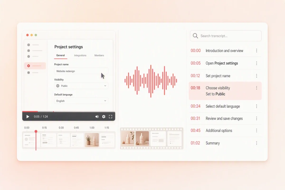 Screen recording beside its timestamped product walkthrough transcript