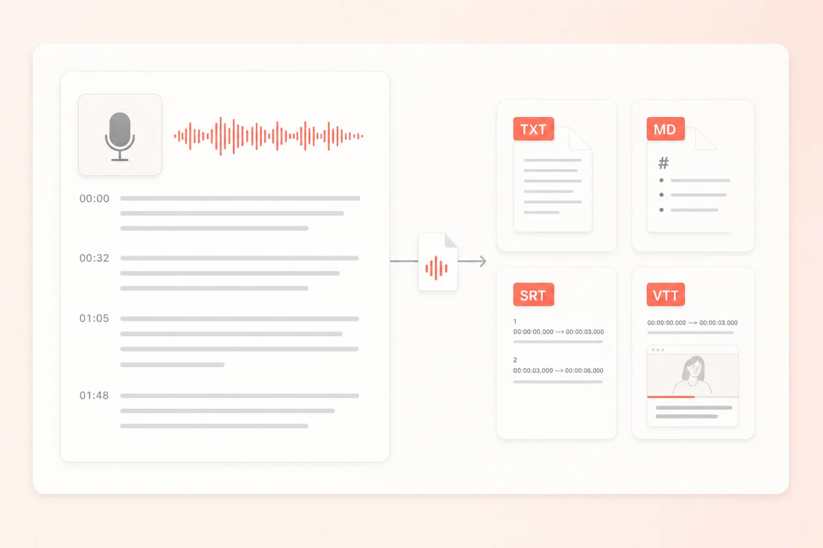 Podcast transcript export workflow showing a transcript moving into documents, show notes, captions, and web playback.