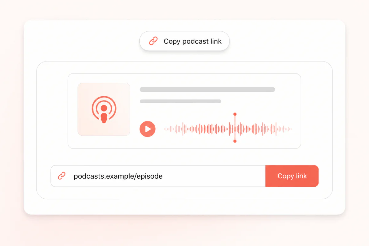 Podcast episode link flowing into a transcription workspace.