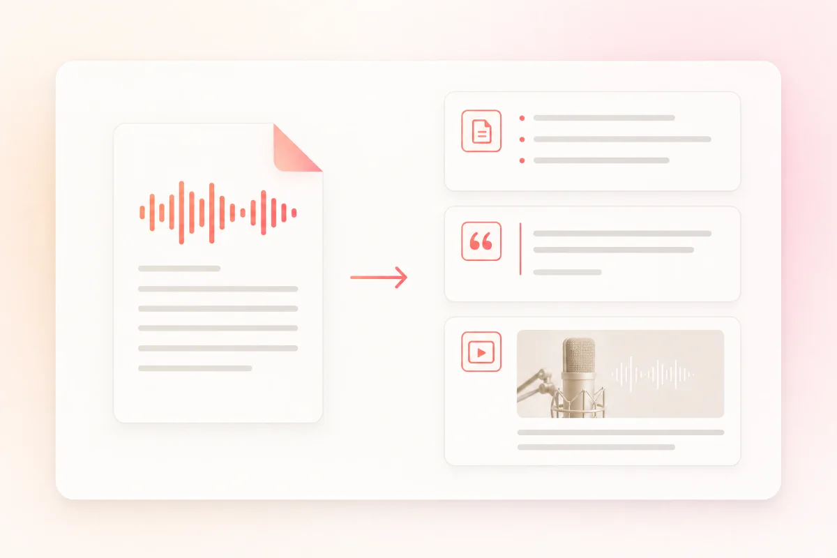 Podcast transcript branching into show notes, quotes, and a searchable archive.