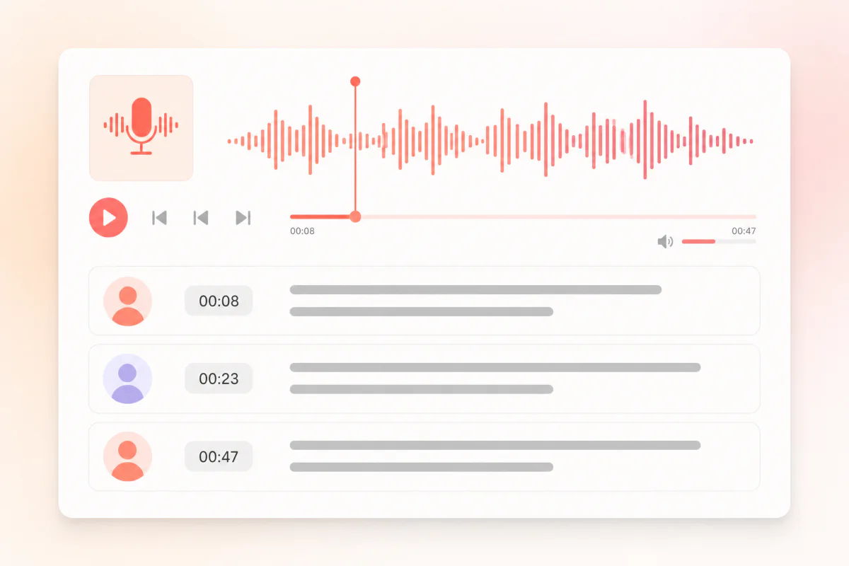 Podcast audio waveform being converted into timestamped transcript segments.