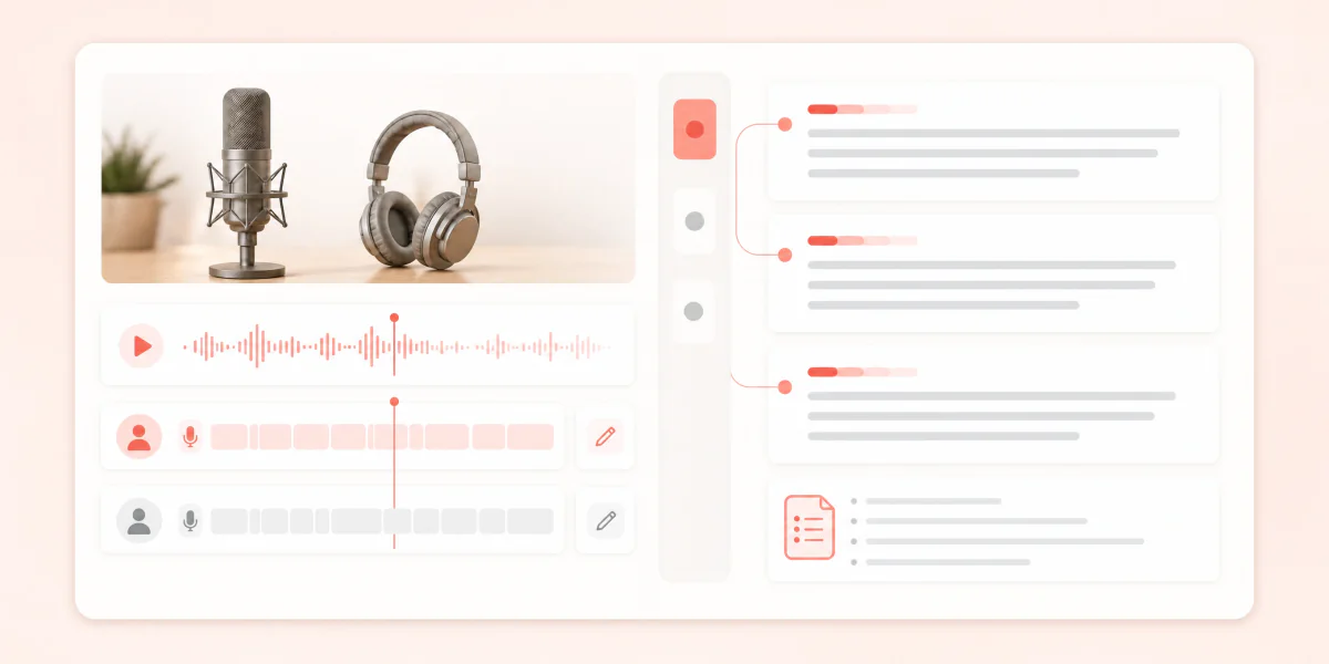 Podcast transcript turning into timestamped show notes and chapter cards.