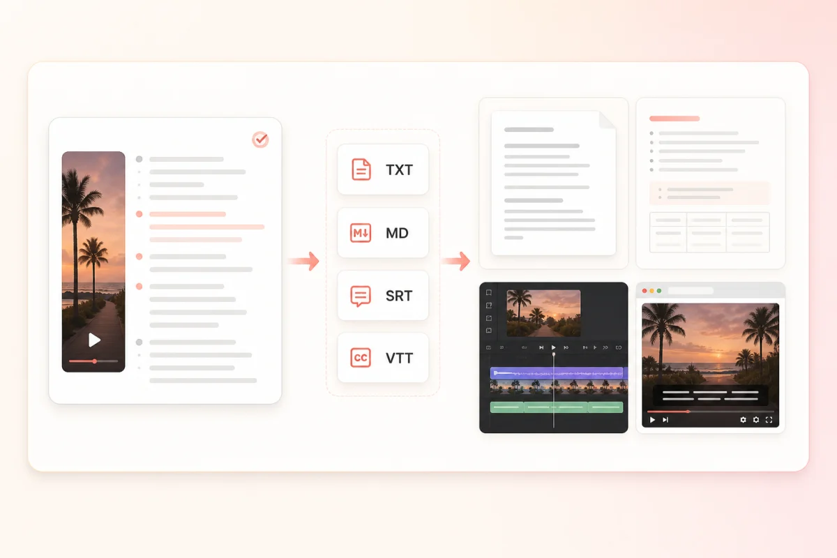 Reel transcript export workflow showing TXT, Markdown, SRT, and VTT moving into documents, notes, video editors, and web players.