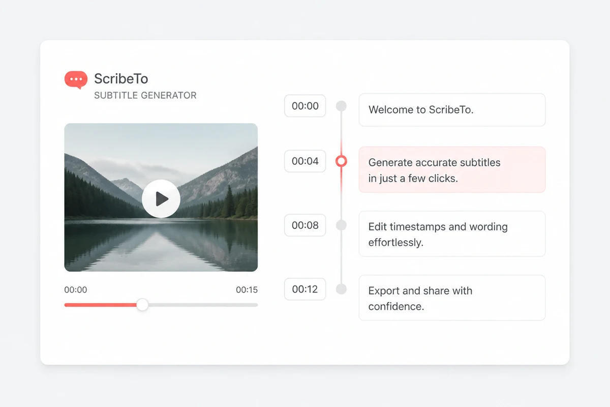 A subtitle timeline with timed speech cues aligned beneath a video preview.
