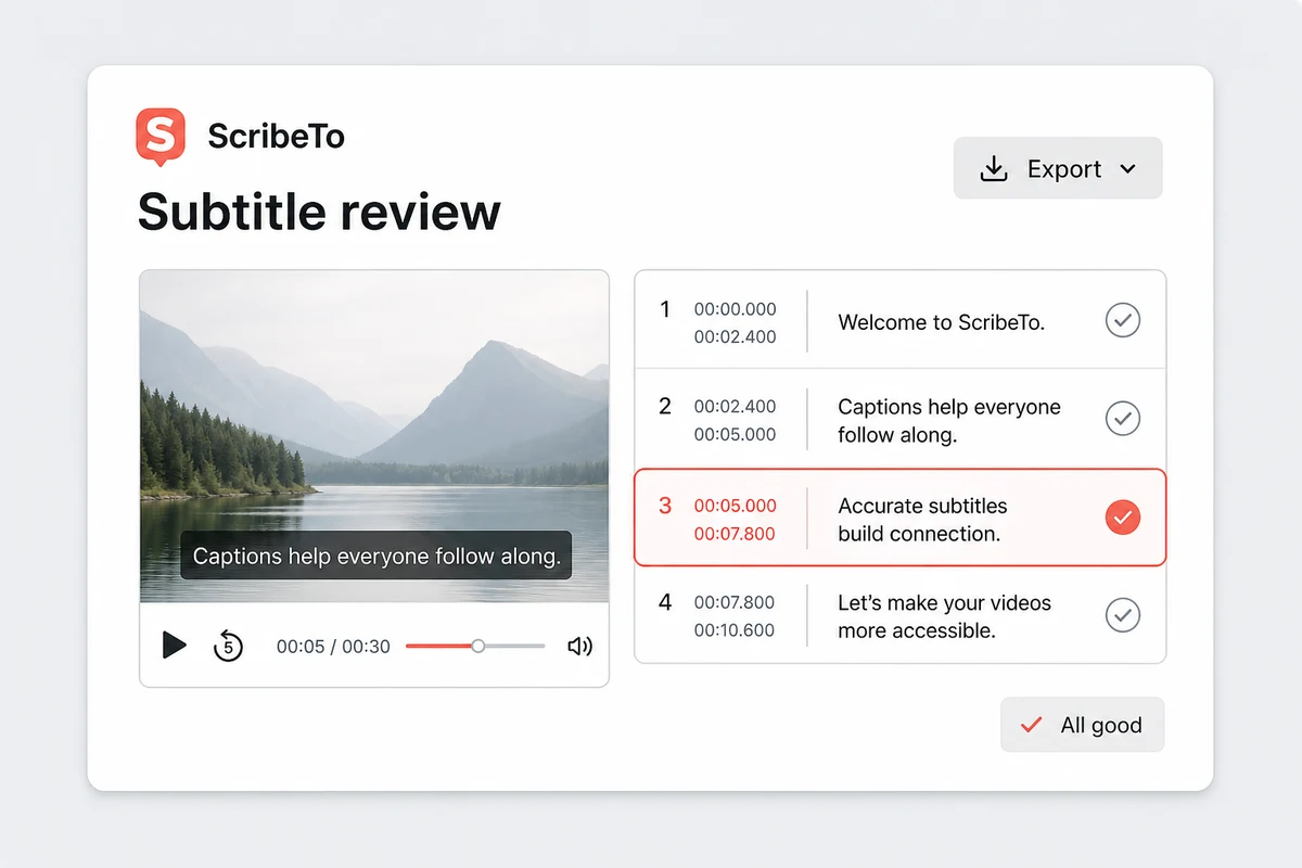 A subtitle editor reviewing timestamped cues beside video playback.
