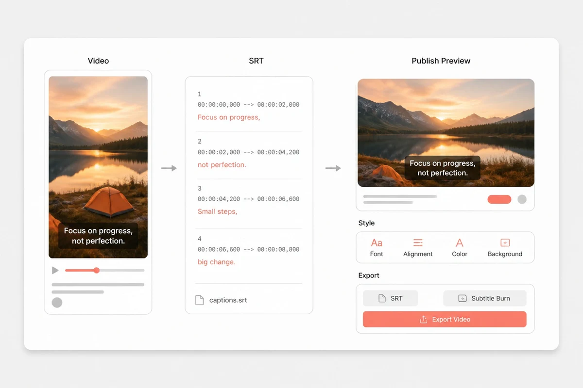 A social video publishing workflow with a separate subtitle track.