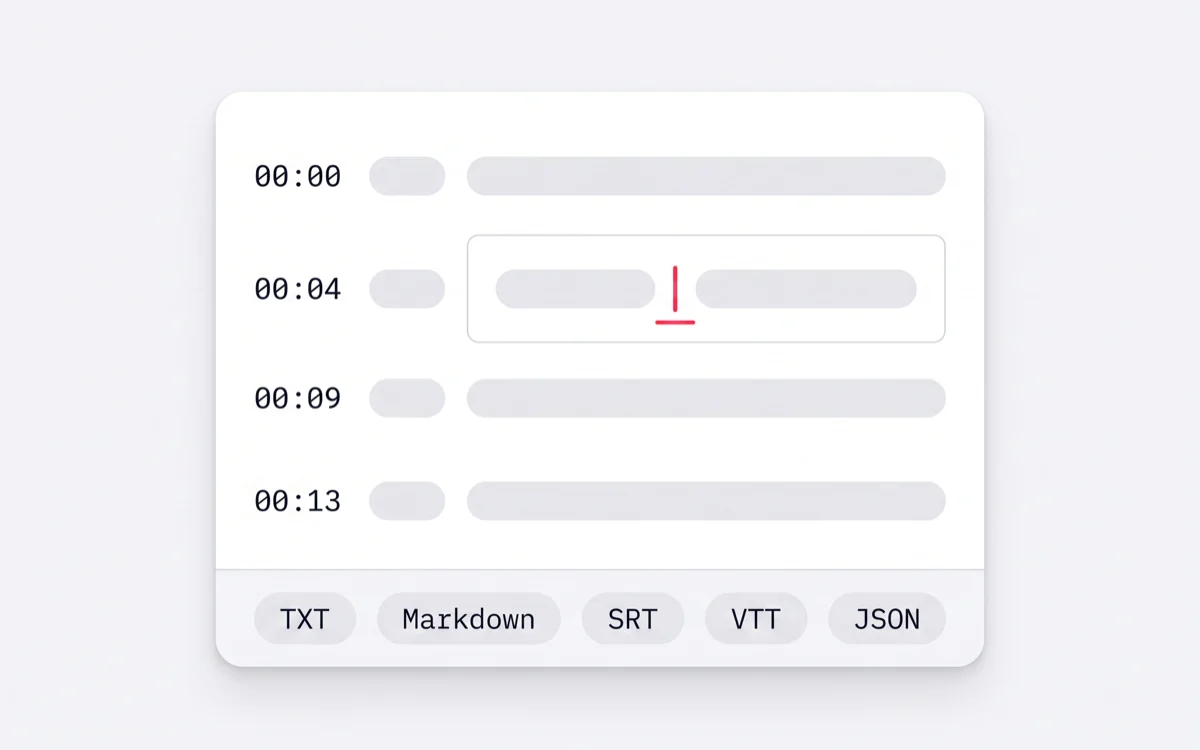 A finished TikTok transcript with export buttons for TXT, Markdown, SRT, VTT and JSON