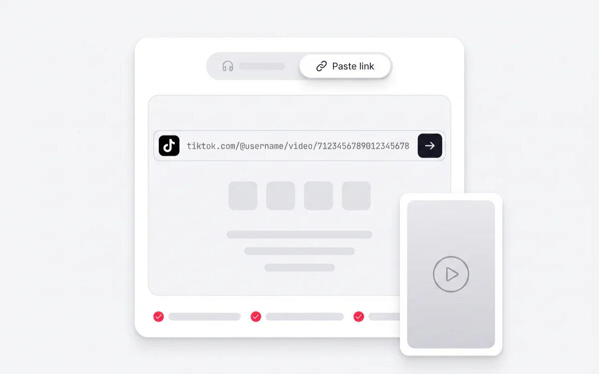 A TikTok post URL pasted into the ScribeTo link field, with the TikTok source recognised