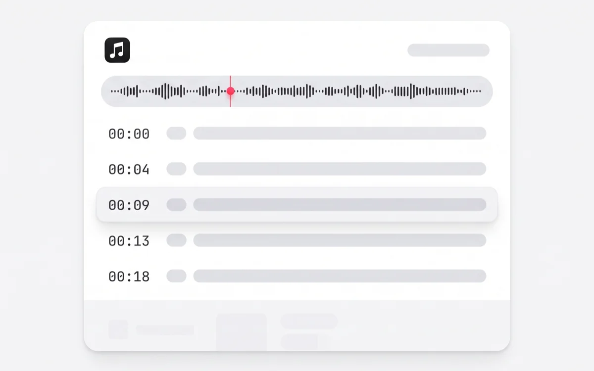 A TikTok transcript being generated, with timestamped lines appearing beside the audio waveform