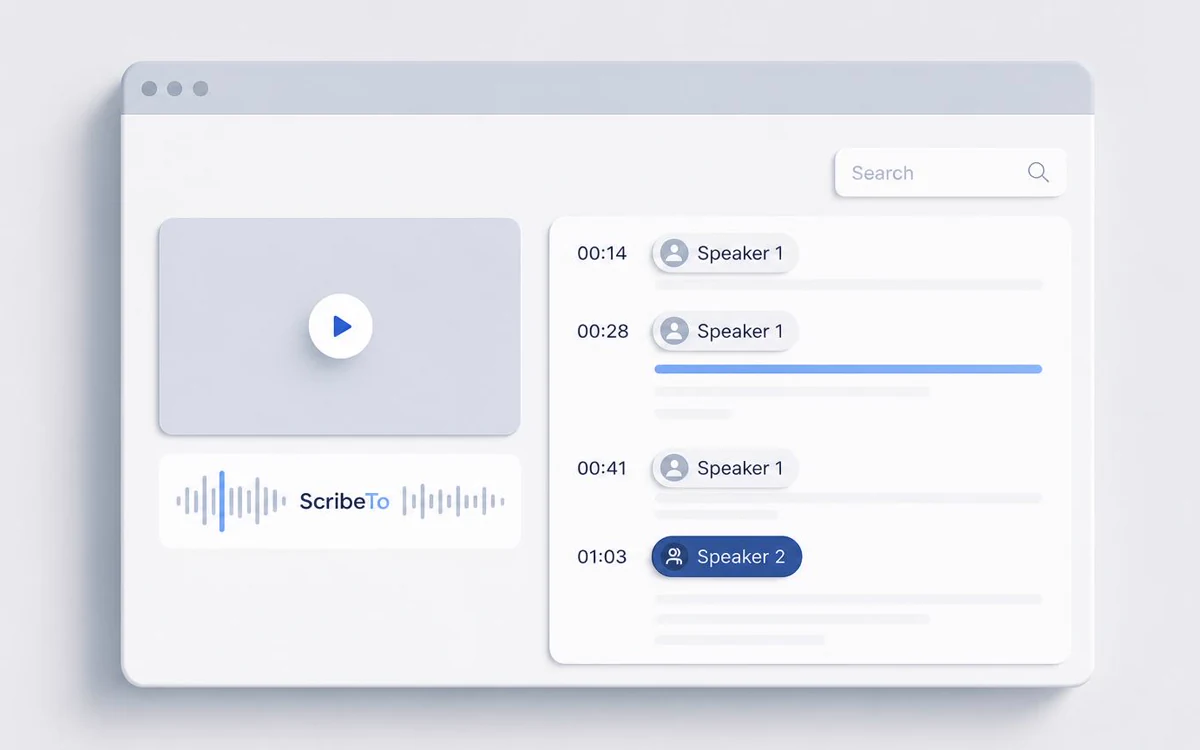 Video transcript editor with playback, timestamps, search and speaker labels