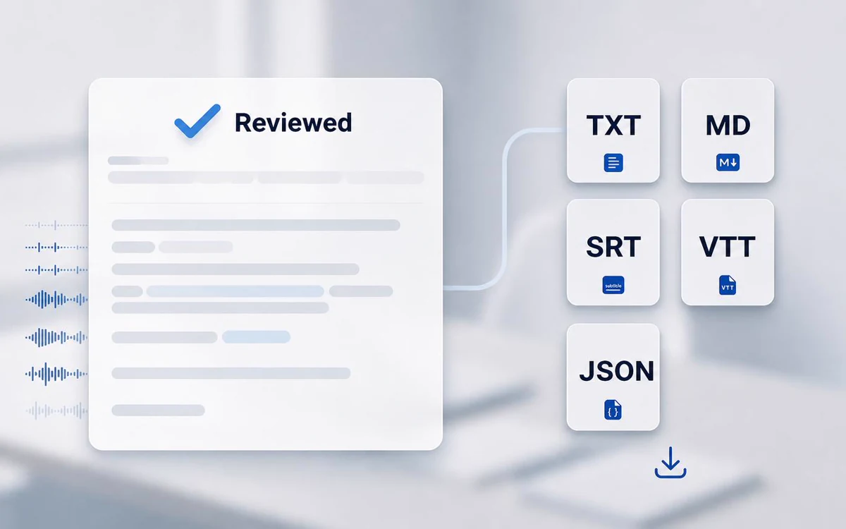 Reviewed video transcript ready to export as TXT, Markdown, SRT, VTT or JSON