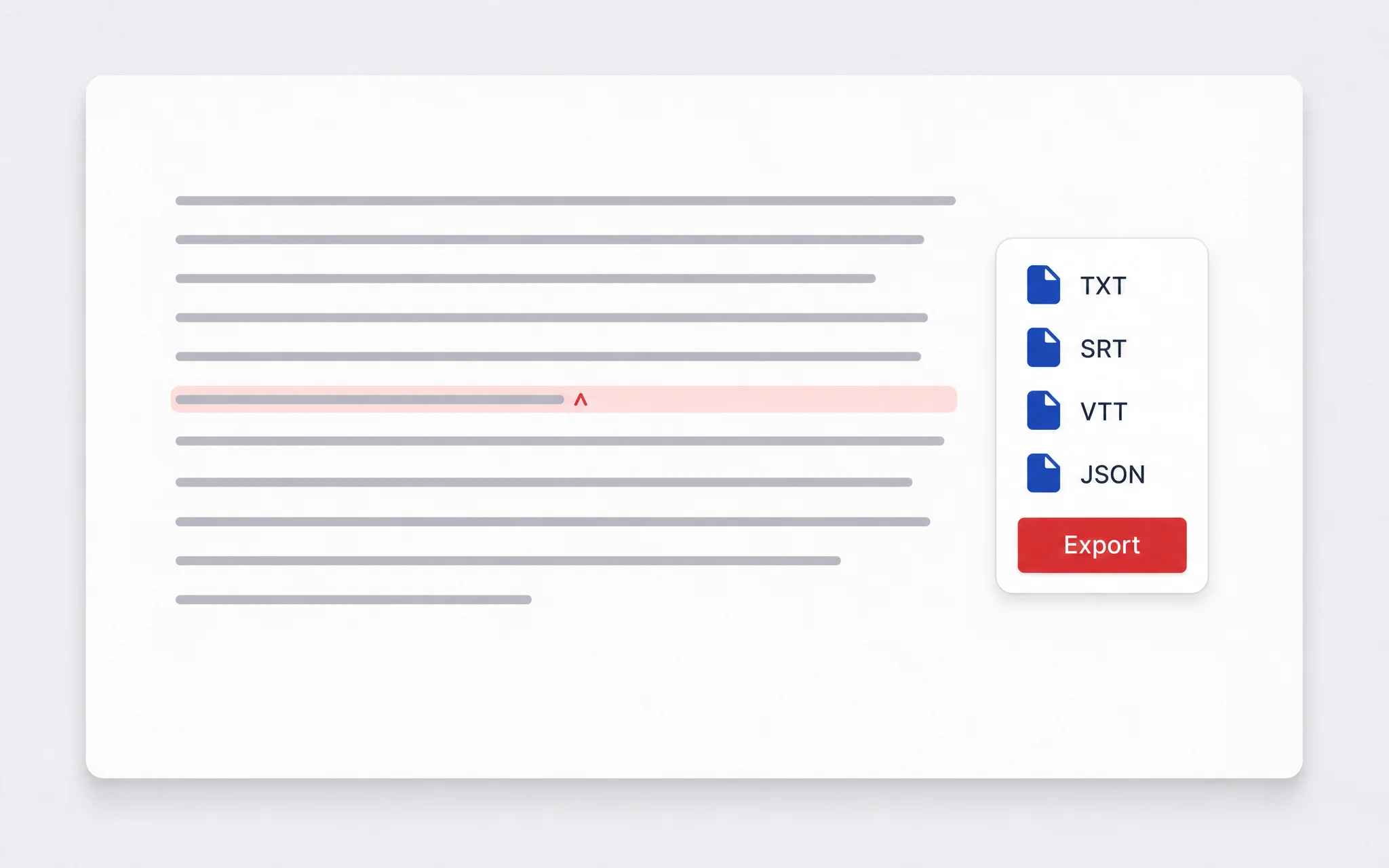 Reviewed video transcript beside an export menu for TXT, SRT, VTT and JSON