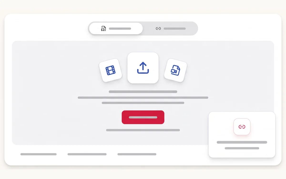Video file upload panel with blue film, upload and video-file icons plus a smaller public-link panel