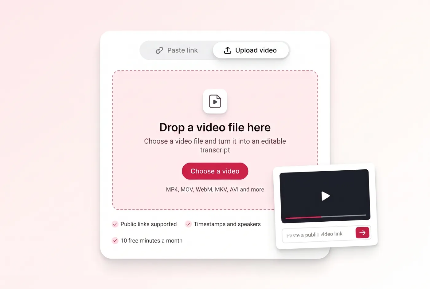 A ScribeTo card with Paste link and Upload video tabs, a dropzone for MP4, MOV, WebM, MKV and AVI files, and a public video link field