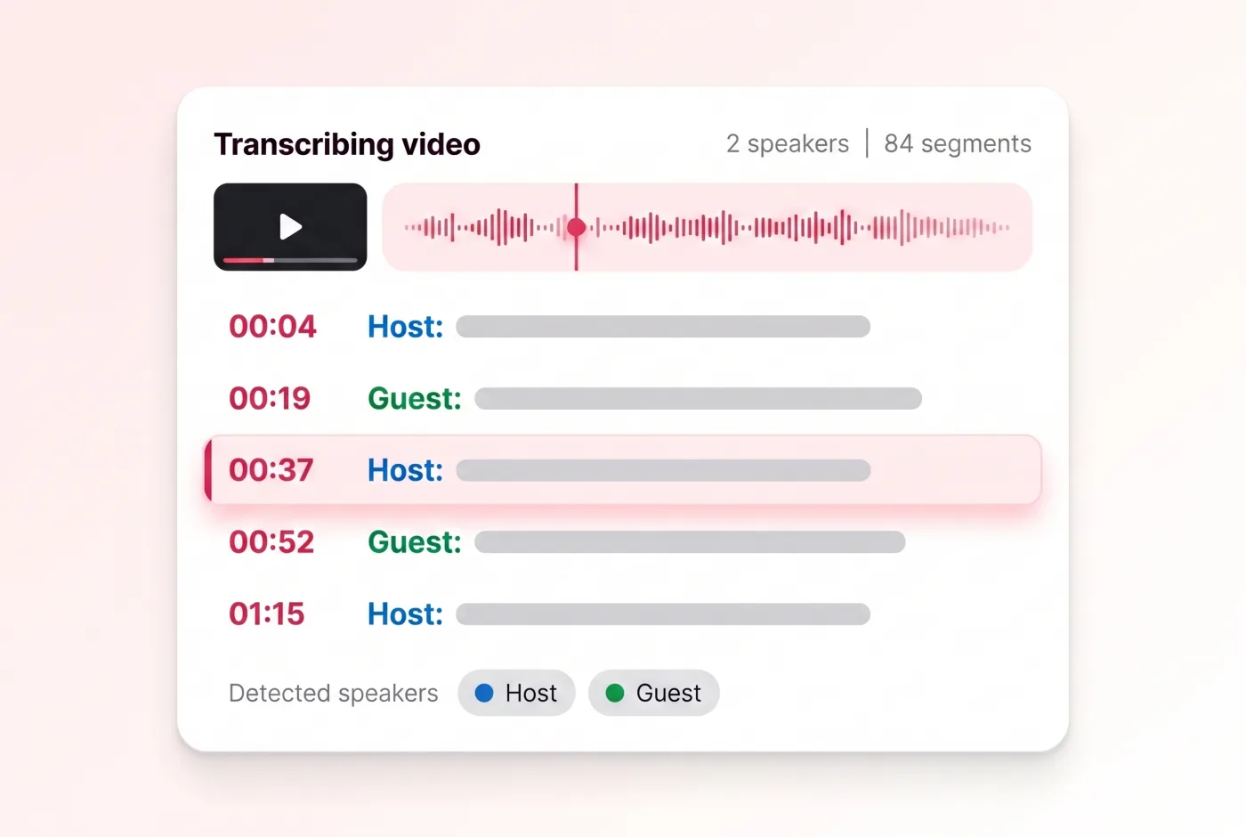 A video being transcribed, showing a waveform with a playhead beside timestamped segments labelled by speaker