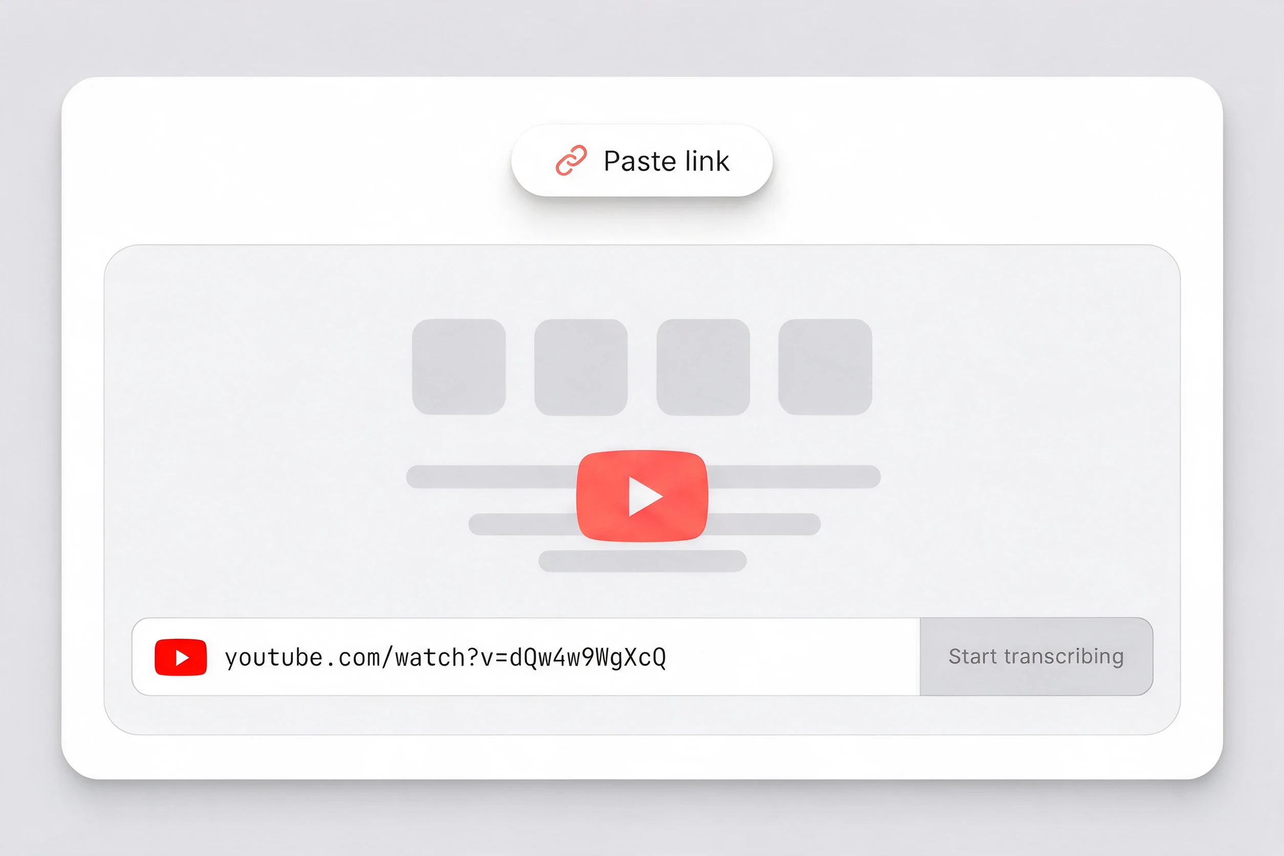 A public YouTube watch link pasted into the ScribeTo link field and identified as YouTube