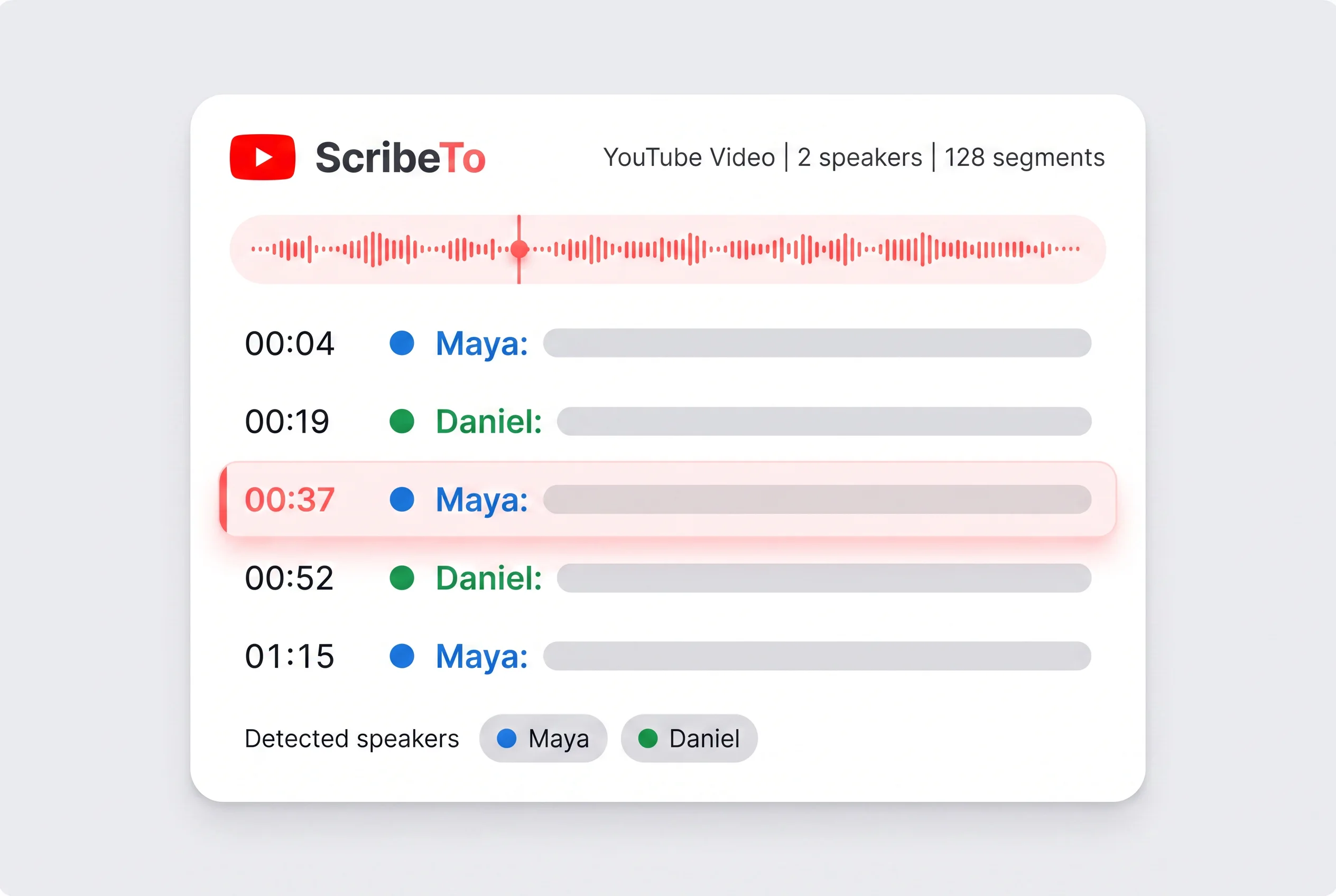Audio waveform becoming timestamped transcript lines while a YouTube transcription task runs